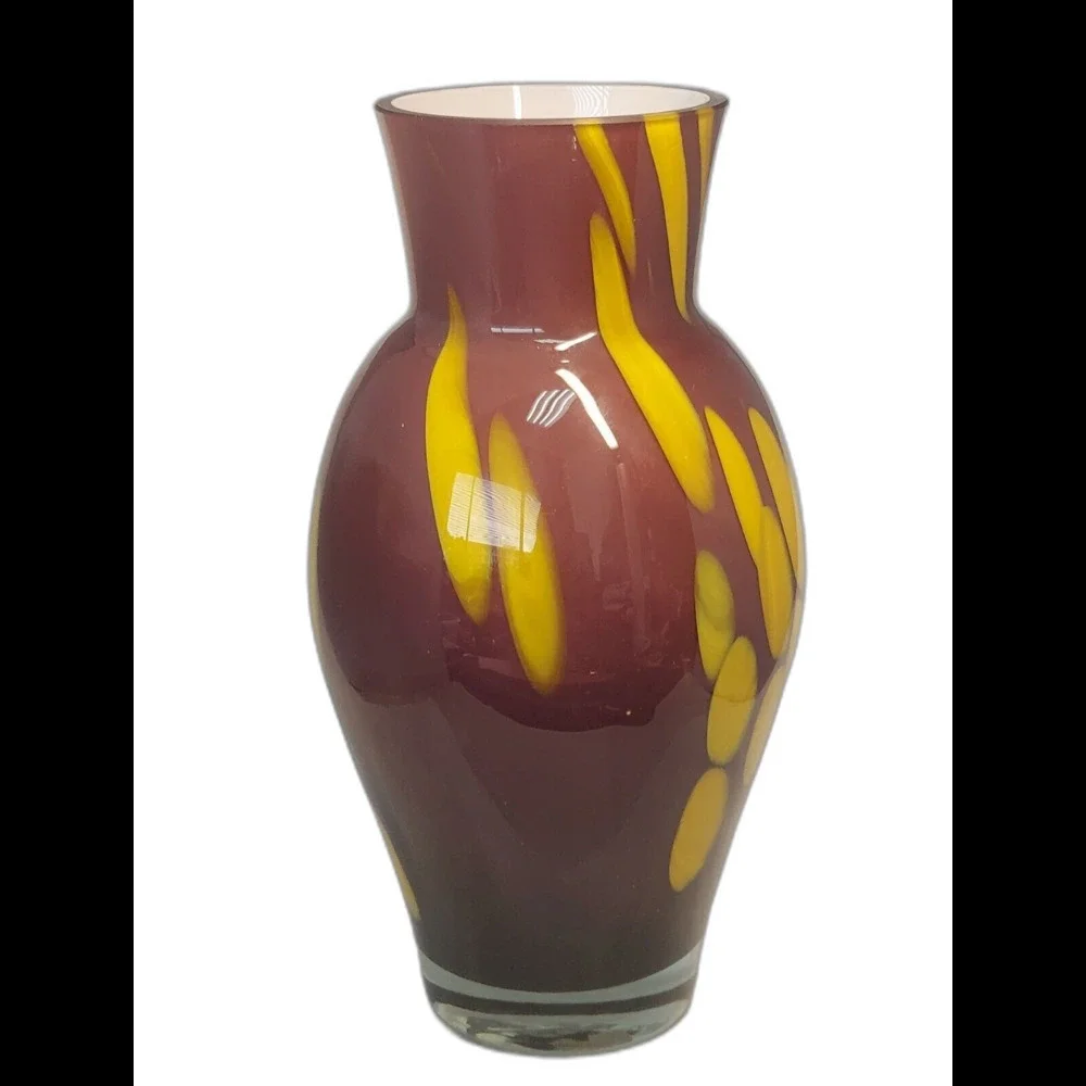 HEAVY  AMETHYST PURPLE YELLOW DESIGN ART GLASS VASE 9 1/4